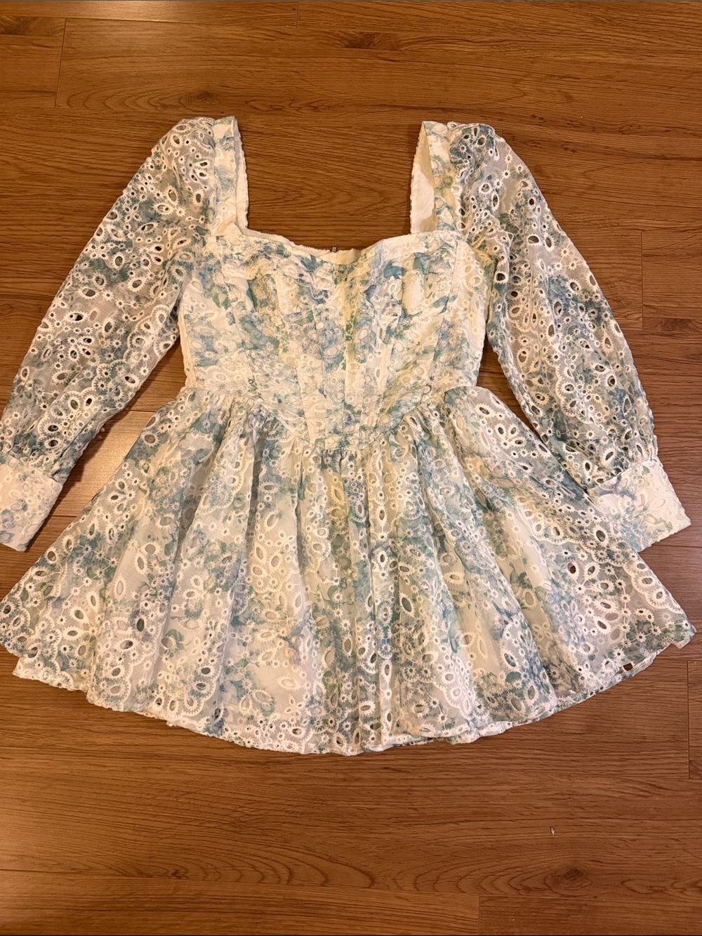 Square-Neck Eyelet Mini Dress in White, Blue and Pale Green